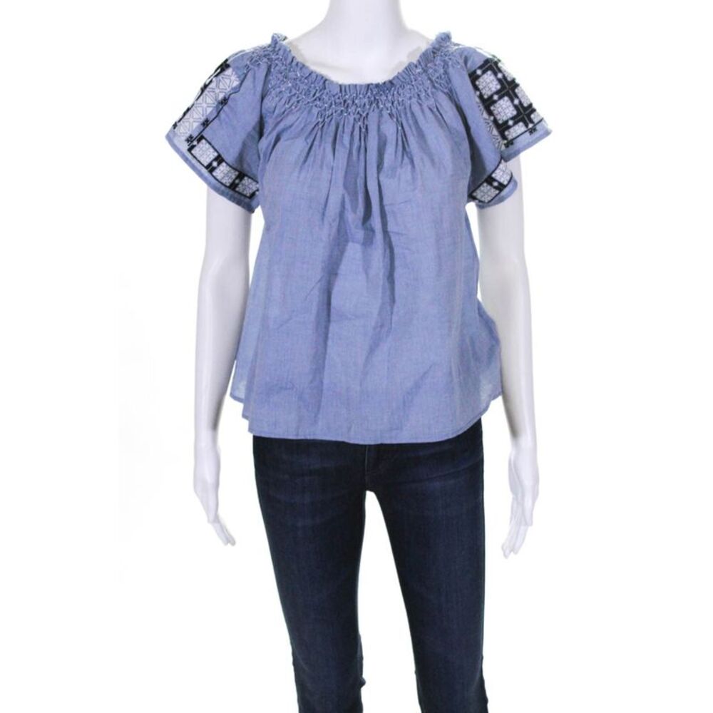Ulla Johnson Womens Cotton Cap Sleeve Scoop Neck Embroidered Blouse Blue Size 2